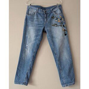 VANILLA MODA Italy Women's Distressed Embroidered Jeans Floral Pattern Size L